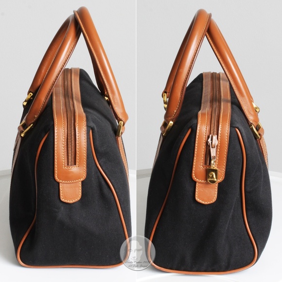 Mark Cross Satchel Handbag Black Twill Canvas & Saddle Leather Trim Vintage - Picture 5 of 13